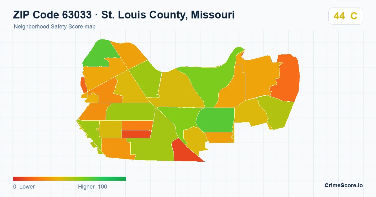 ZIP Code 63033 in St. Louis County, Missouri neighborhood Safety Score map