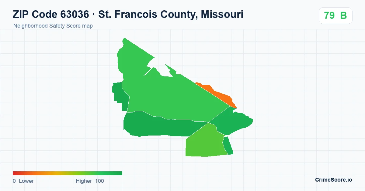 ZIP Code 63036 in St. Francois County, Missouri neighborhood Safety Score map