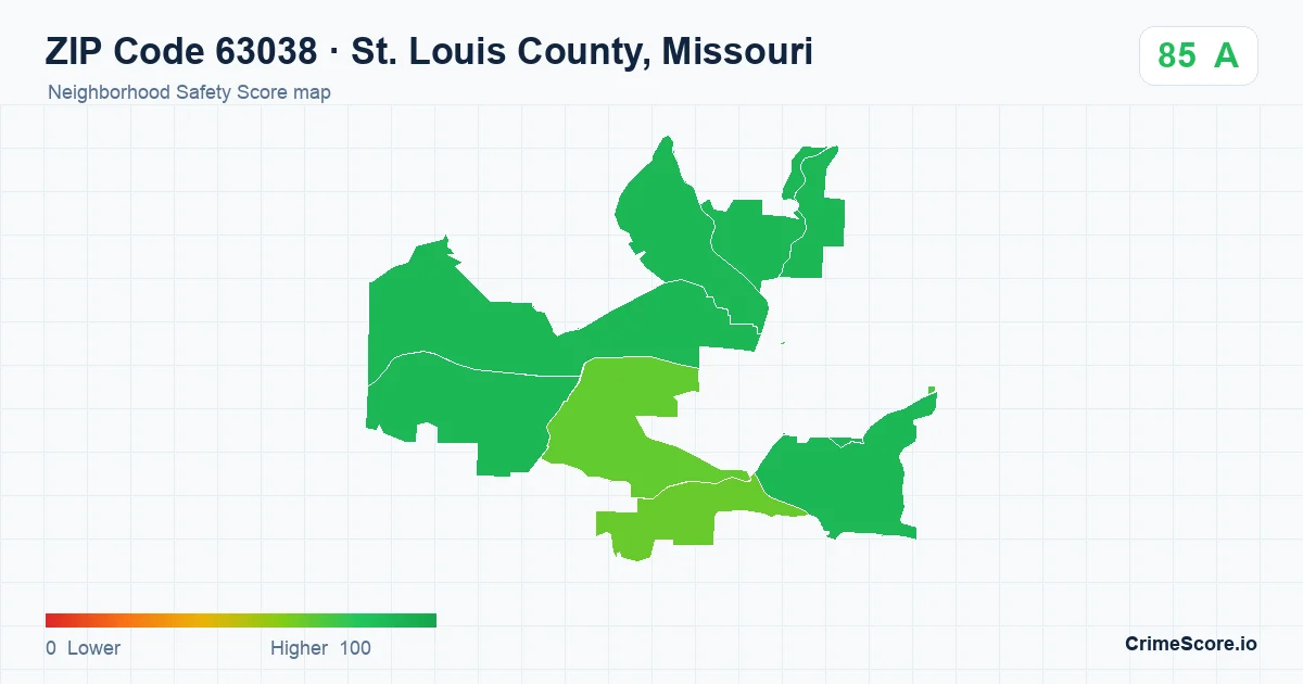 ZIP Code 63038 in St. Louis County, Missouri neighborhood Safety Score map