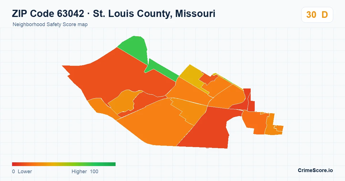 ZIP Code 63042 in St. Louis County, Missouri neighborhood Safety Score map