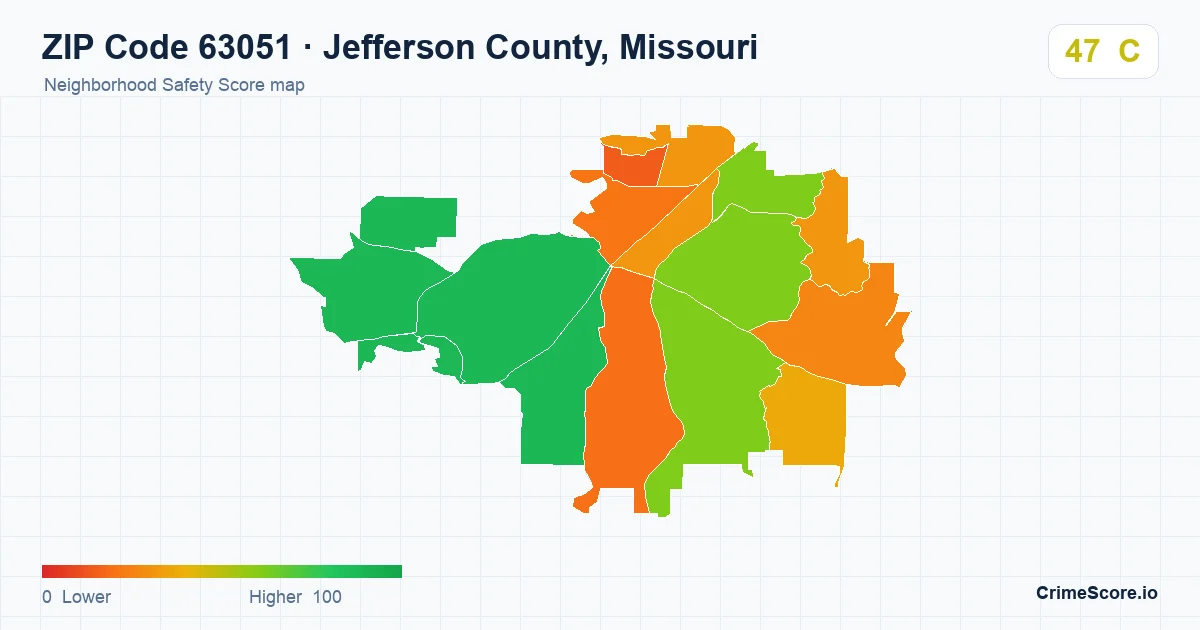 ZIP Code 63051 in Jefferson County, Missouri neighborhood Safety Score map