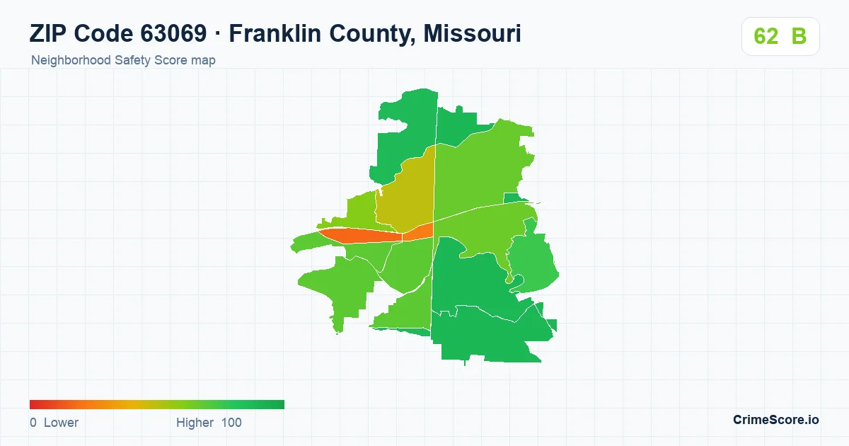 ZIP Code 63069 in Franklin County, Missouri neighborhood Safety Score map