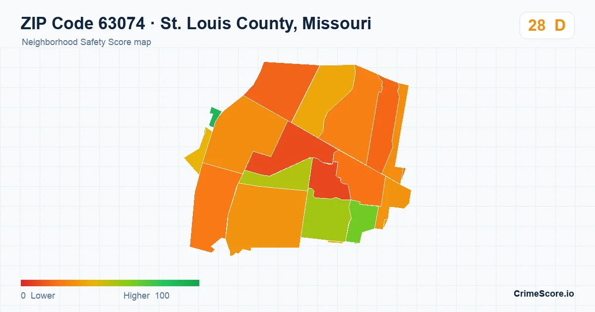 ZIP Code 63074 in St. Louis County, Missouri neighborhood Safety Score map