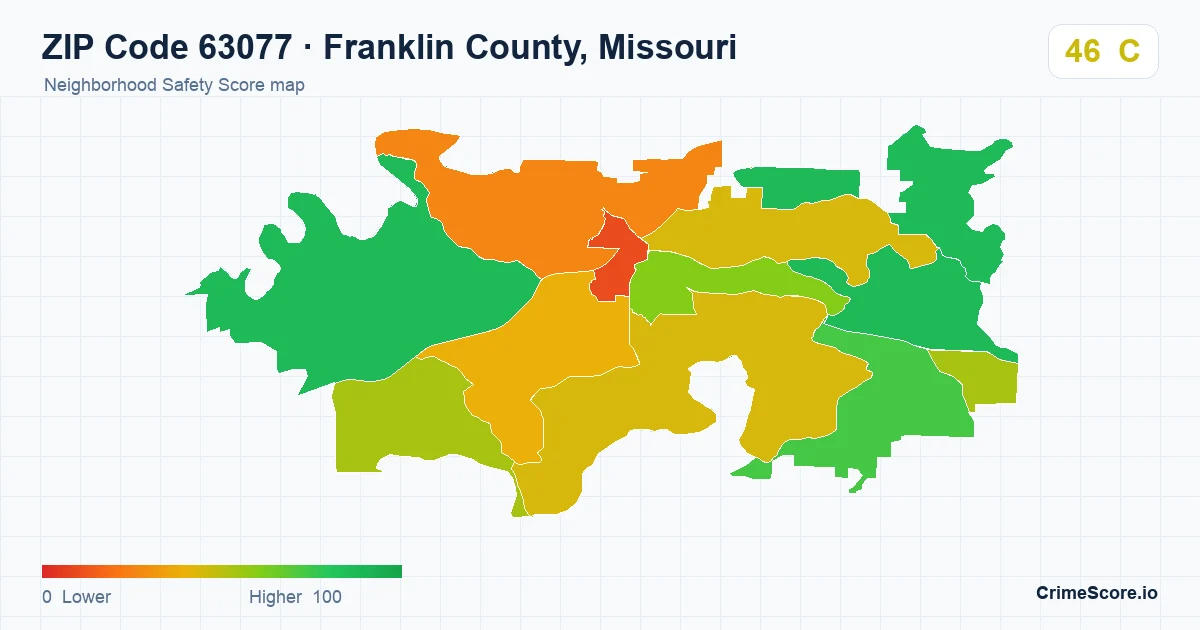 ZIP Code 63077 in Franklin County, Missouri neighborhood Safety Score map