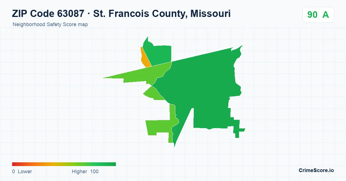 ZIP Code 63087 in St. Francois County, Missouri neighborhood Safety Score map