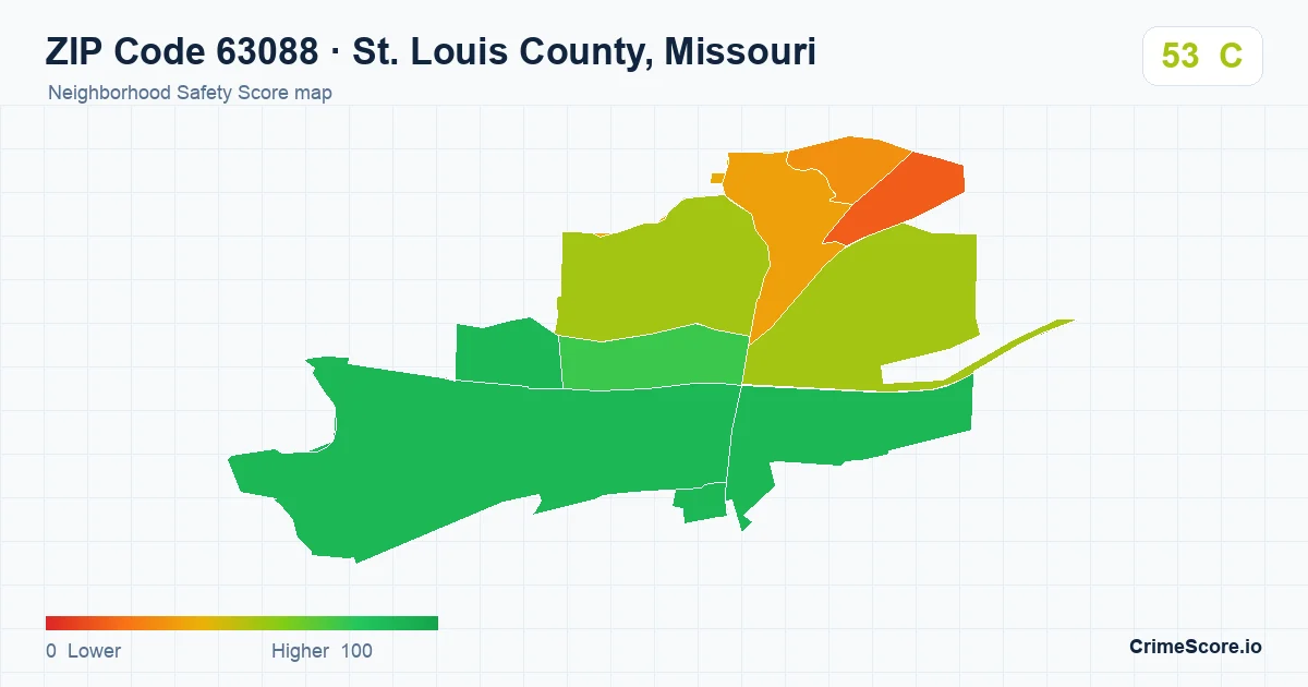 ZIP Code 63088 in St. Louis County, Missouri neighborhood Safety Score map