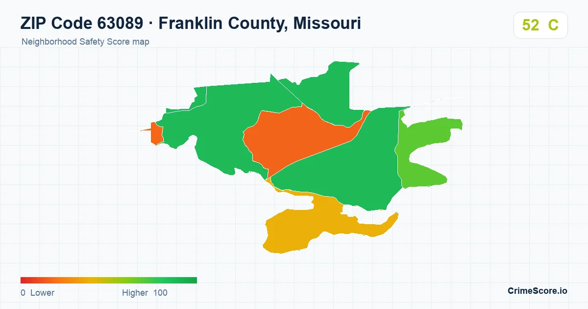 ZIP Code 63089 in Franklin County, Missouri neighborhood Safety Score map