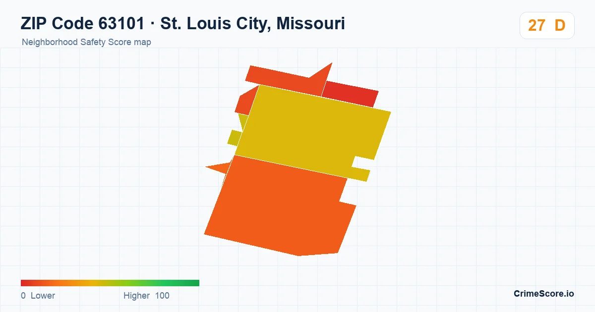 ZIP Code 63101 in St. Louis City, Missouri neighborhood Safety Score map