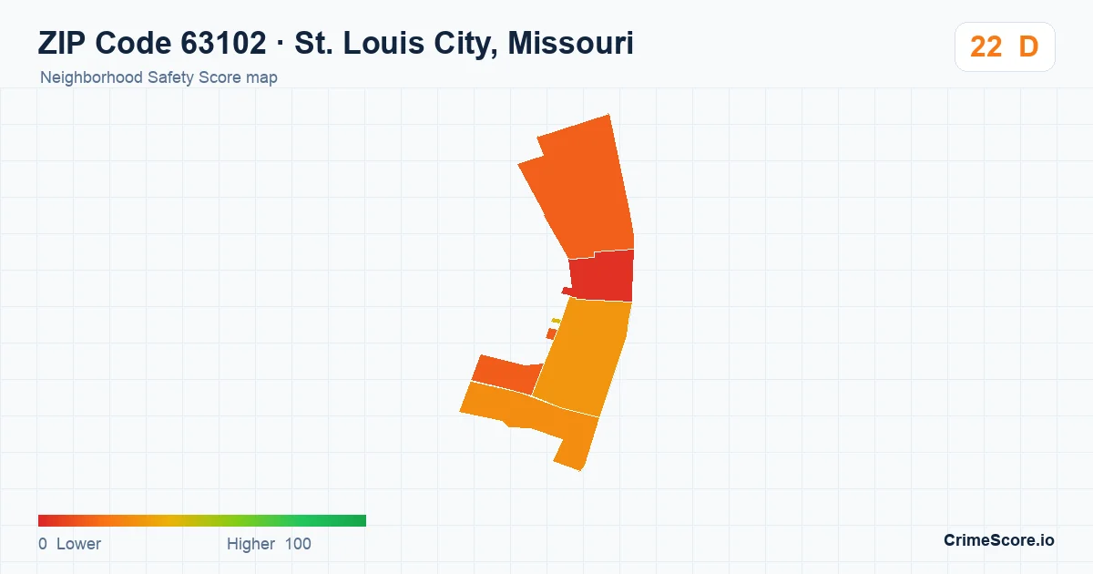 ZIP Code 63102 in St. Louis City, Missouri neighborhood Safety Score map