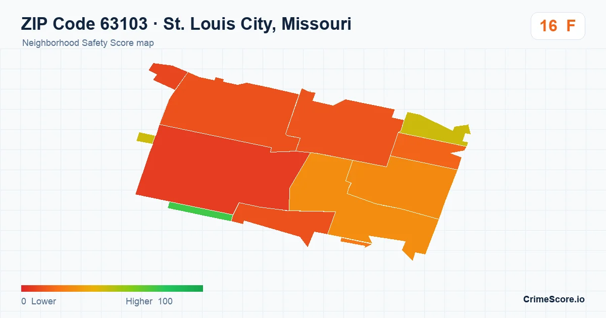 ZIP Code 63103 in St. Louis City, Missouri neighborhood Safety Score map