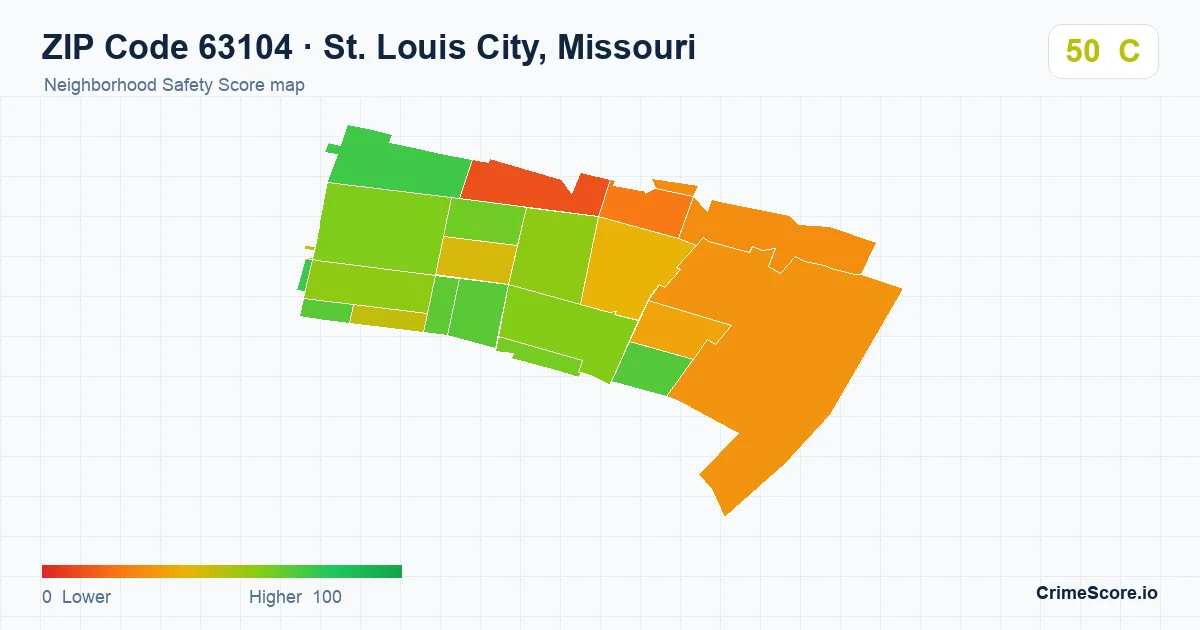ZIP Code 63104 in St. Louis City, Missouri neighborhood Safety Score map