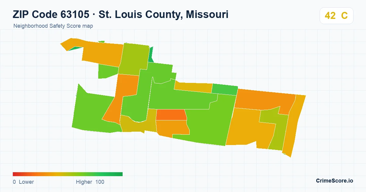 ZIP Code 63105 in St. Louis County, Missouri neighborhood Safety Score map