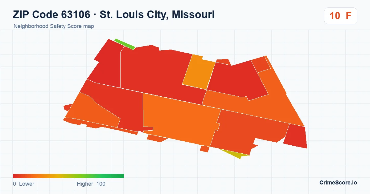 ZIP Code 63106 in St. Louis City, Missouri neighborhood Safety Score map