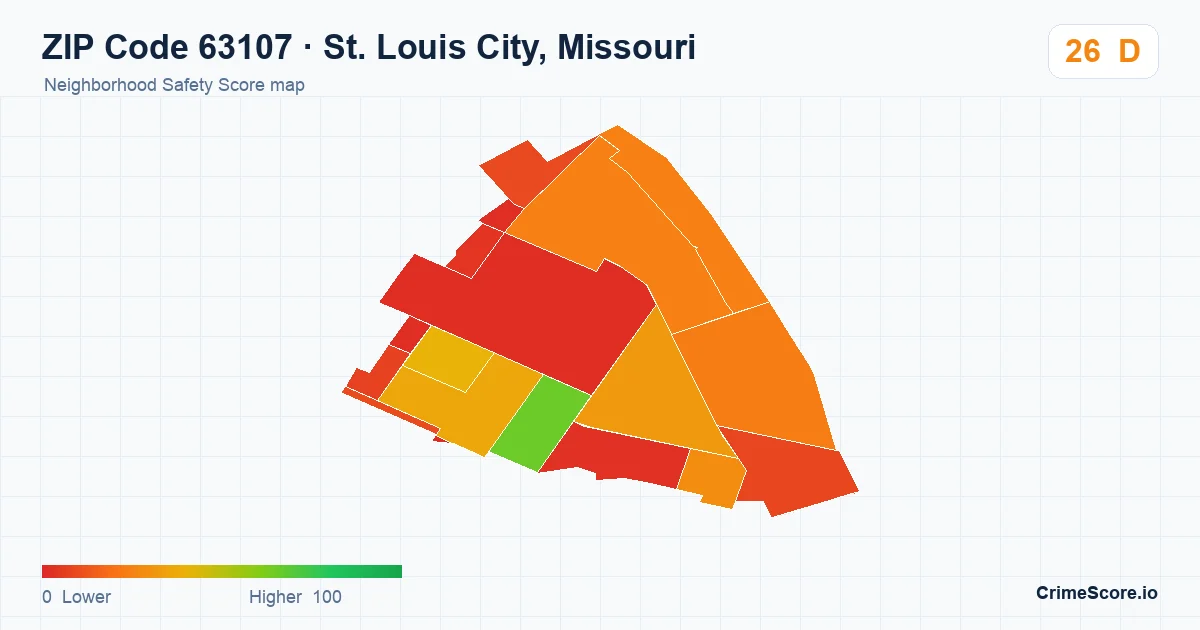 ZIP Code 63107 in St. Louis City, Missouri neighborhood Safety Score map