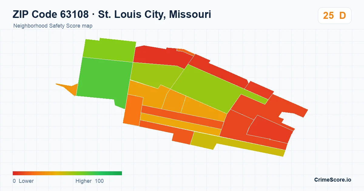 ZIP Code 63108 in St. Louis City, Missouri neighborhood Safety Score map
