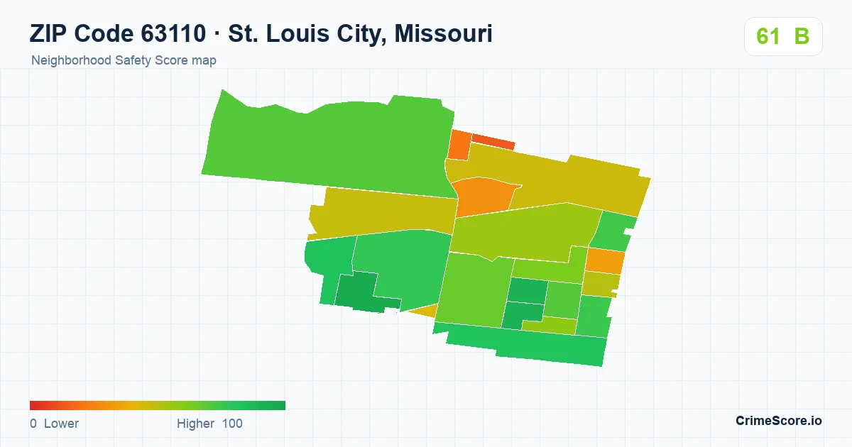 ZIP Code 63110 in St. Louis City, Missouri neighborhood Safety Score map