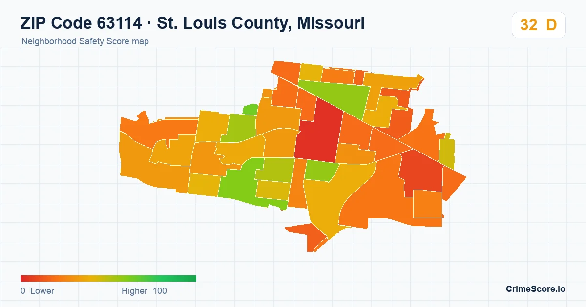ZIP Code 63114 in St. Louis County, Missouri neighborhood Safety Score map