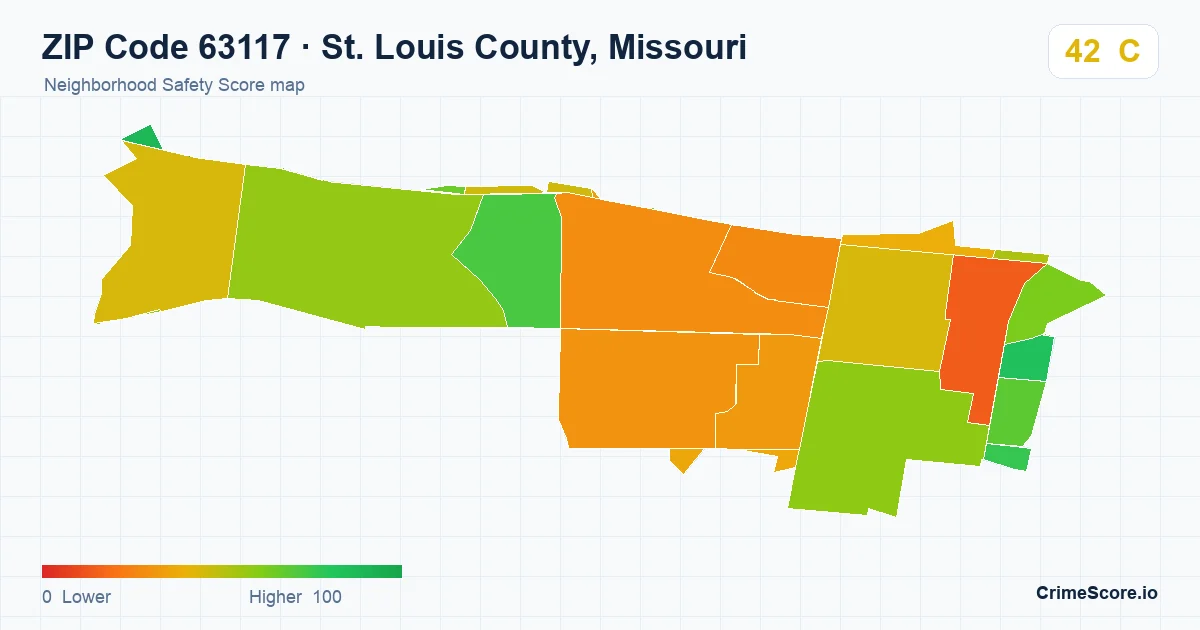 ZIP Code 63117 in St. Louis County, Missouri neighborhood Safety Score map
