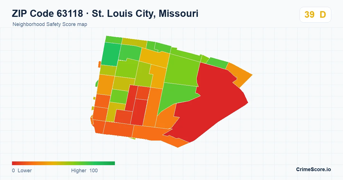ZIP Code 63118 in St. Louis City, Missouri neighborhood Safety Score map