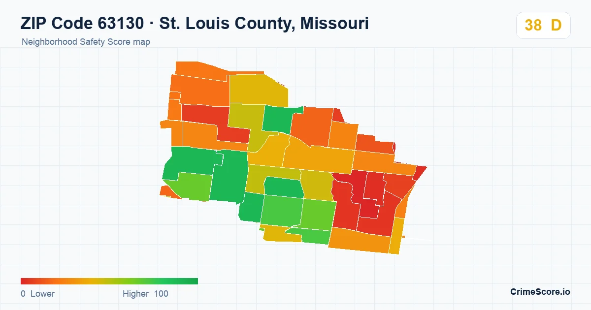 ZIP Code 63130 in St. Louis County, Missouri neighborhood Safety Score map