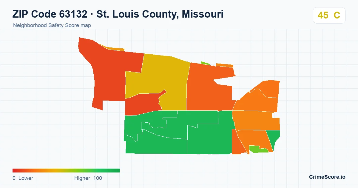 ZIP Code 63132 in St. Louis County, Missouri neighborhood Safety Score map