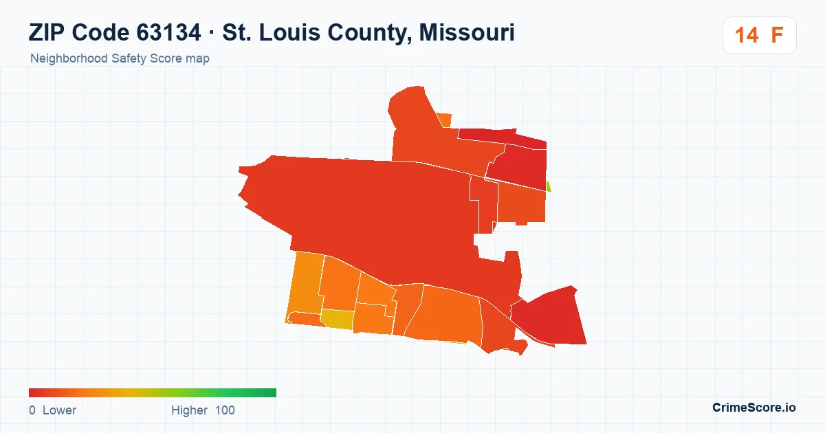ZIP Code 63134 in St. Louis County, Missouri neighborhood Safety Score map