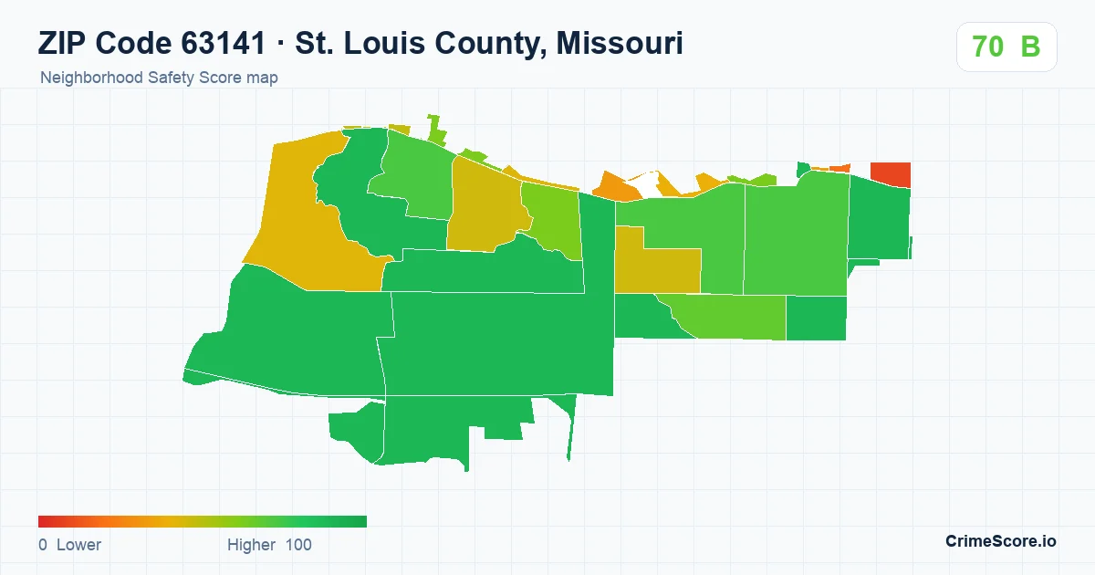 ZIP Code 63141 in St. Louis County, Missouri neighborhood Safety Score map