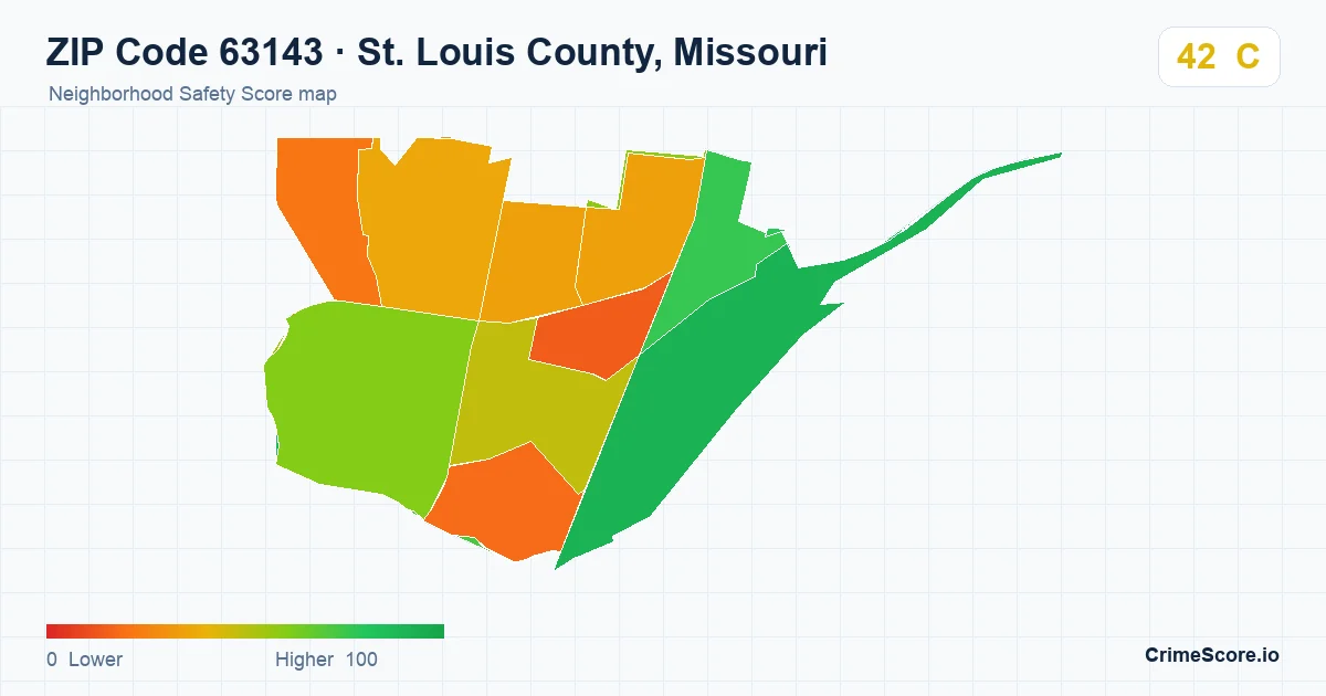 ZIP Code 63143 in St. Louis County, Missouri neighborhood Safety Score map