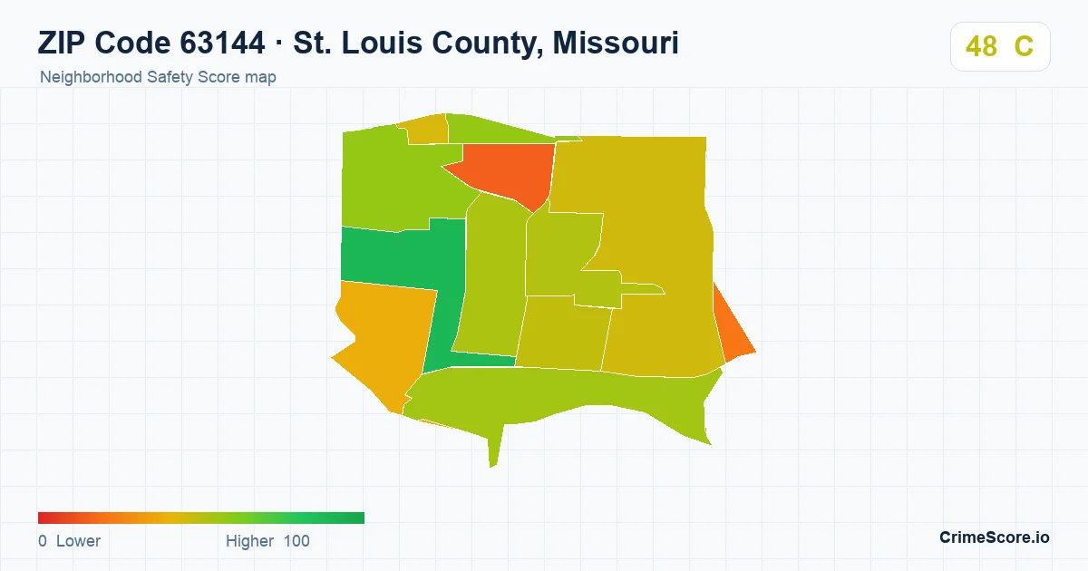 ZIP Code 63144 in St. Louis County, Missouri neighborhood Safety Score map