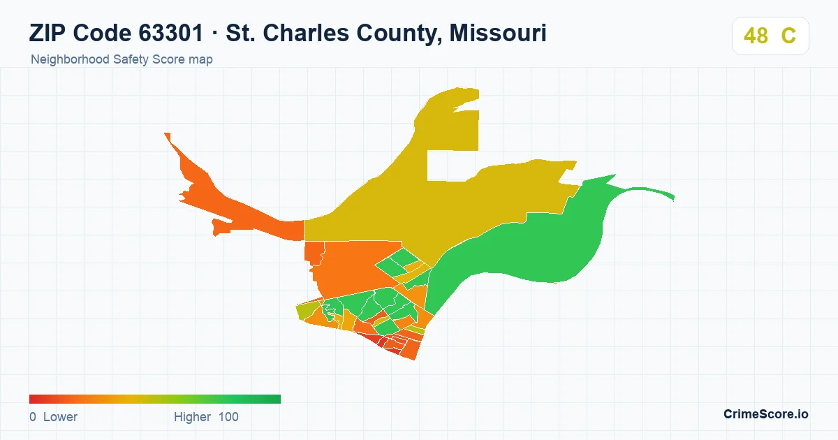 ZIP Code 63301 in St. Charles County, Missouri neighborhood Safety Score map