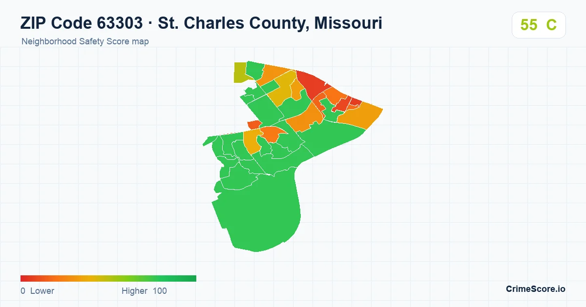 ZIP Code 63303 in St. Charles County, Missouri neighborhood Safety Score map