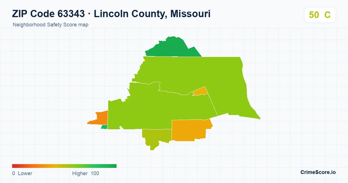 ZIP Code 63343 in Lincoln County, Missouri neighborhood Safety Score map