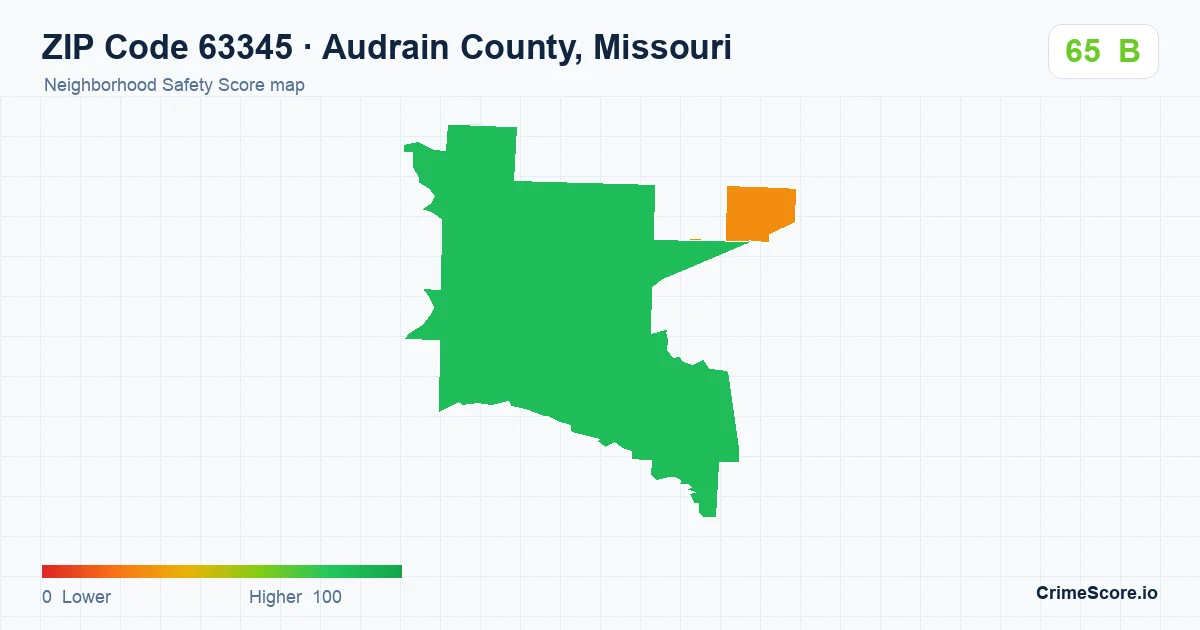ZIP Code 63345 in Audrain County, Missouri neighborhood Safety Score map