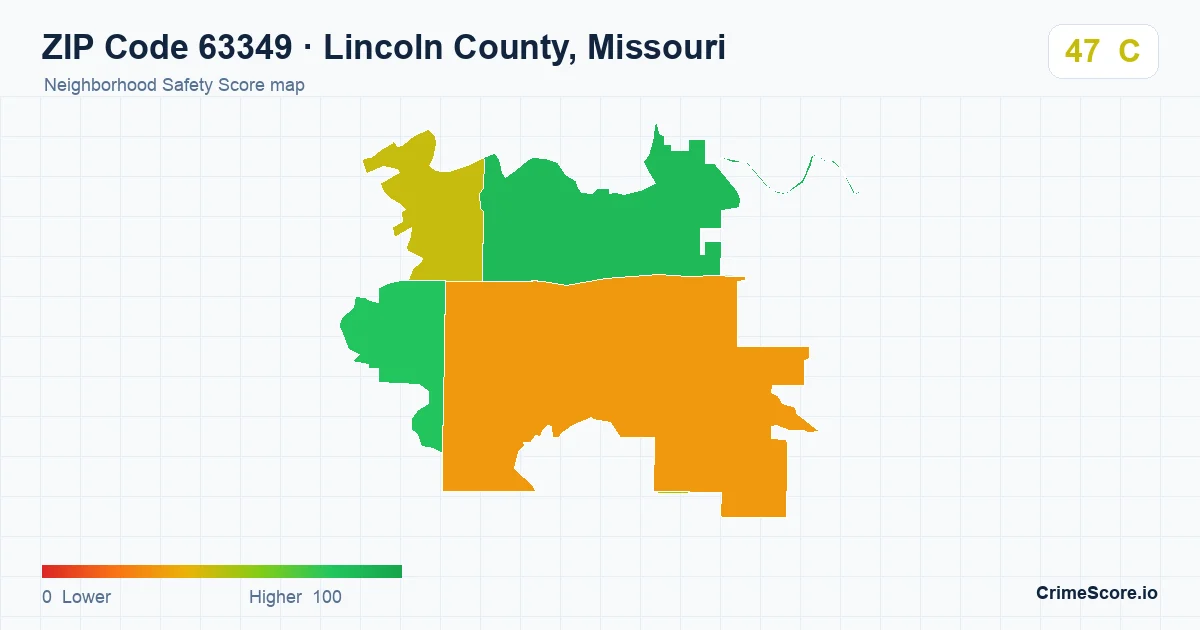ZIP Code 63349 in Lincoln County, Missouri neighborhood Safety Score map