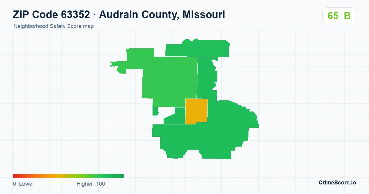 ZIP Code 63352 in Audrain County, Missouri neighborhood Safety Score map