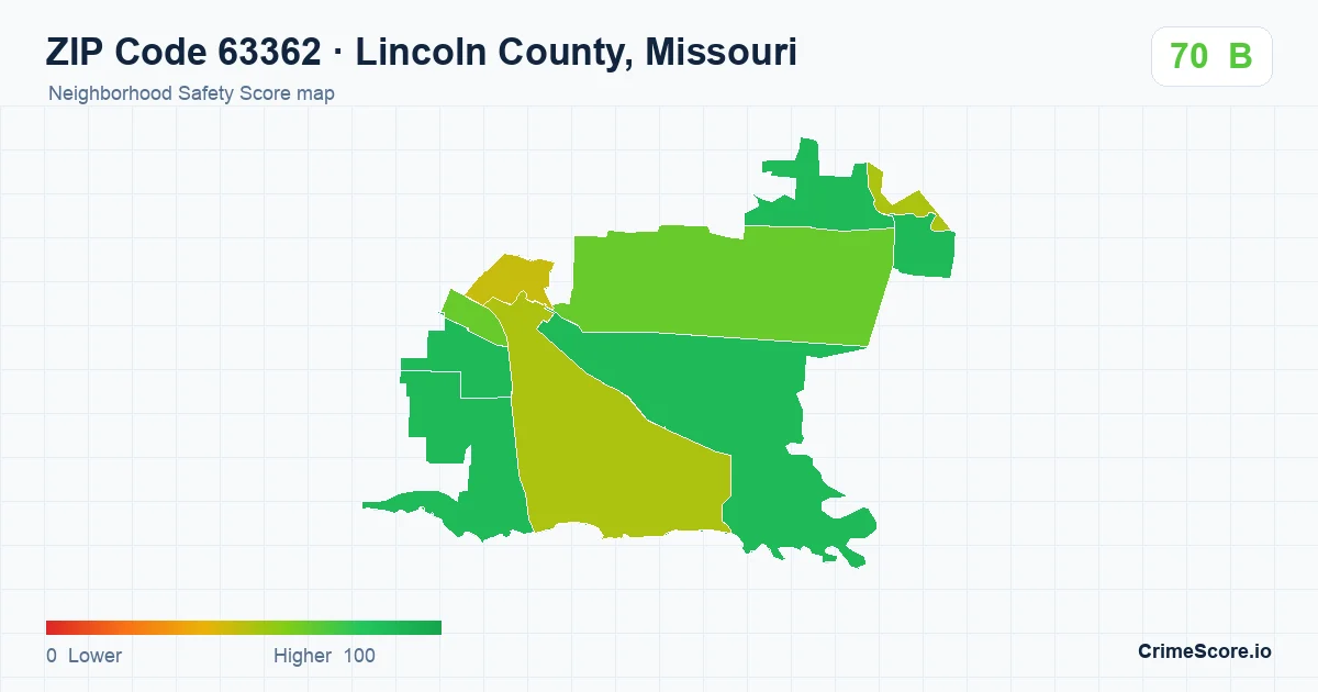 ZIP Code 63362 in Lincoln County, Missouri neighborhood Safety Score map