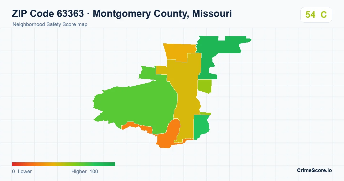 ZIP Code 63363 in Montgomery County, Missouri neighborhood Safety Score map