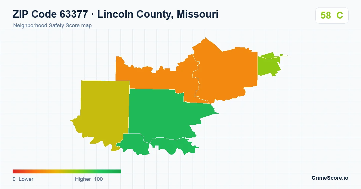 ZIP Code 63377 in Lincoln County, Missouri neighborhood Safety Score map