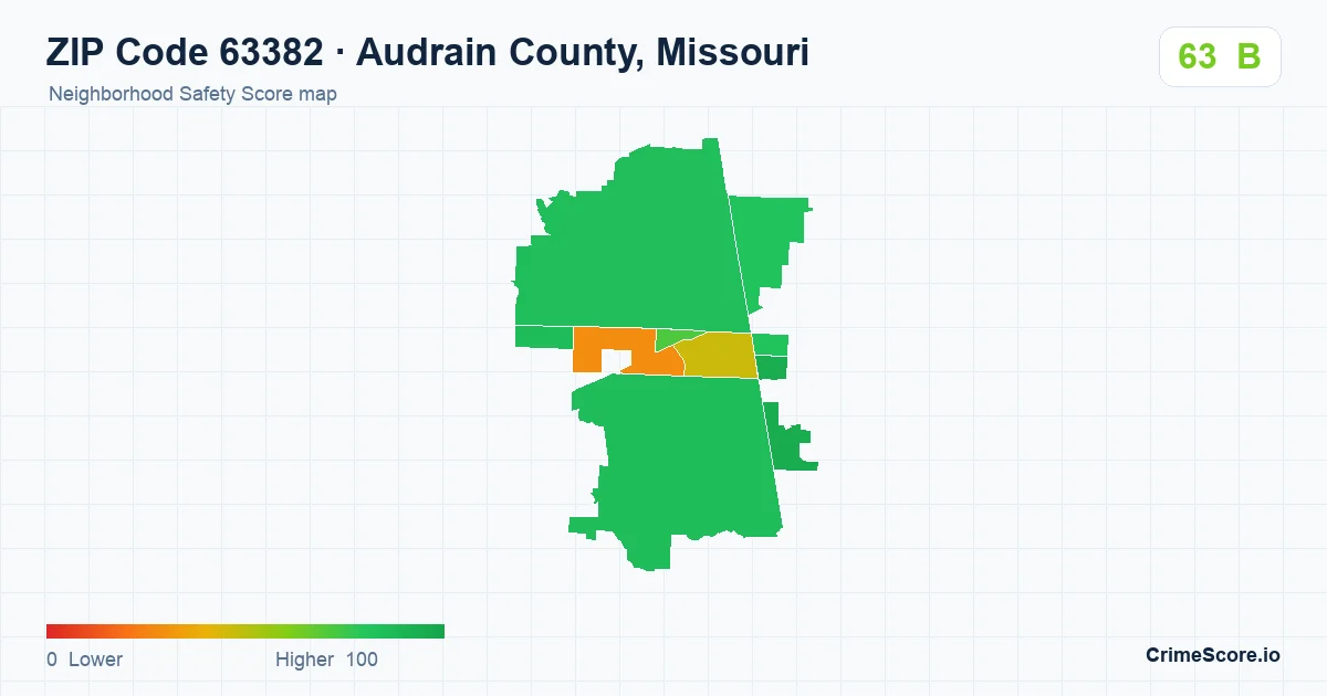 ZIP Code 63382 in Audrain County, Missouri neighborhood Safety Score map