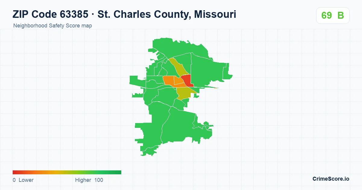 ZIP Code 63385 in St. Charles County, Missouri neighborhood Safety Score map