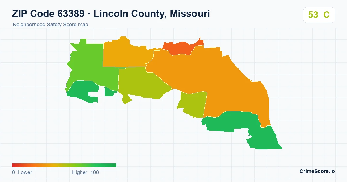 ZIP Code 63389 in Lincoln County, Missouri neighborhood Safety Score map