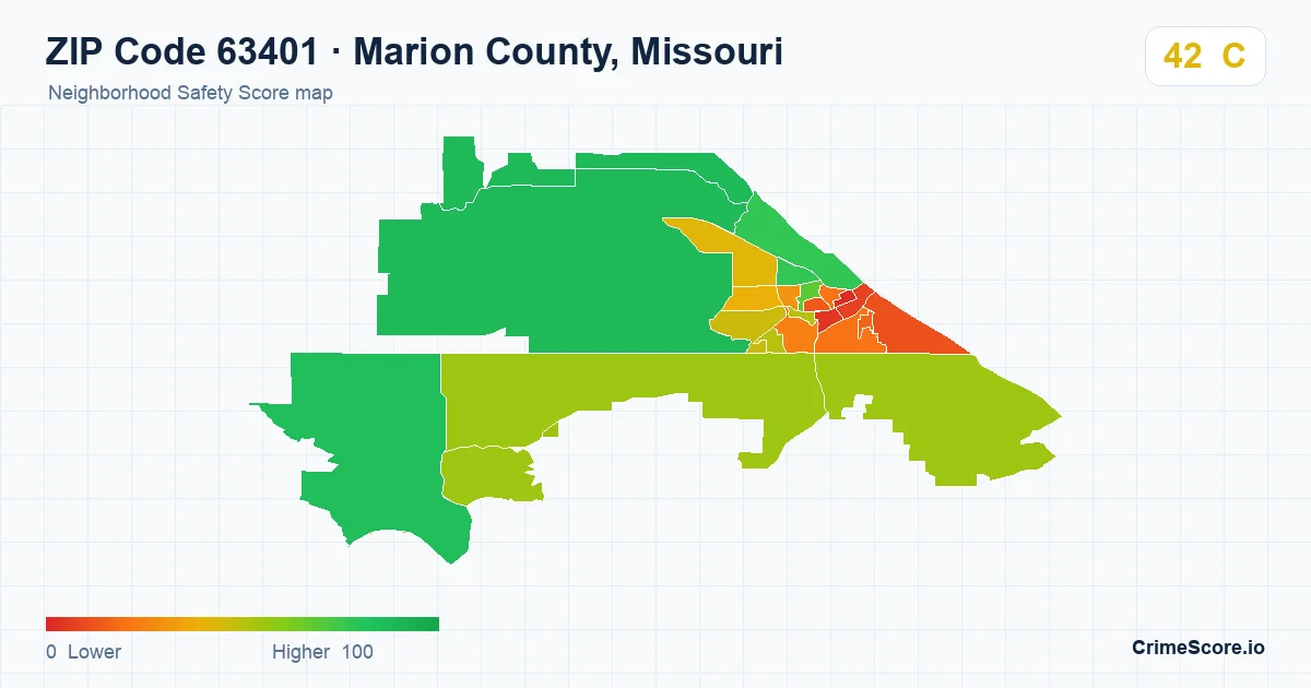 ZIP Code 63401 in Marion County, Missouri neighborhood Safety Score map