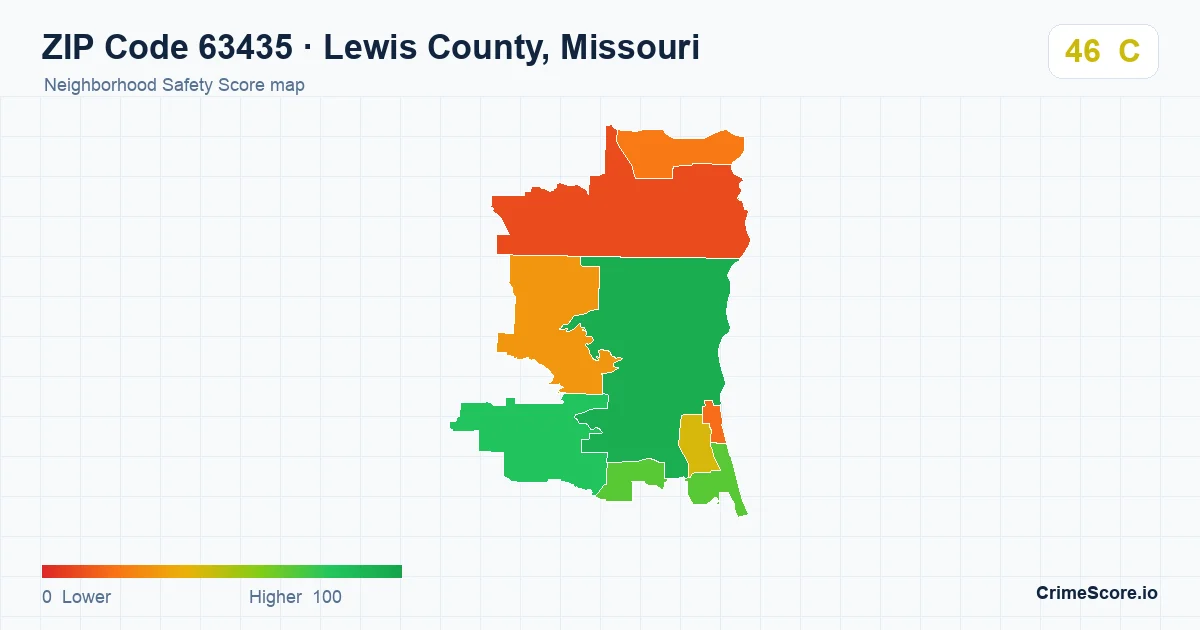 ZIP Code 63435 in Lewis County, Missouri neighborhood Safety Score map