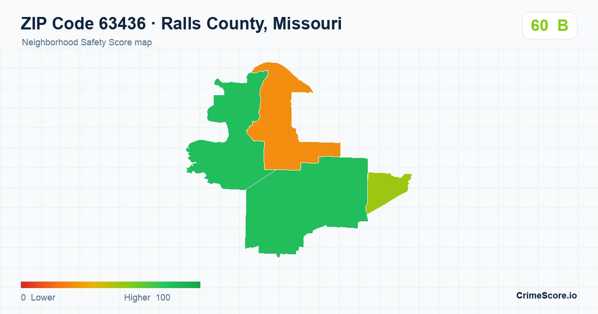 ZIP Code 63436 in Ralls County, Missouri neighborhood Safety Score map