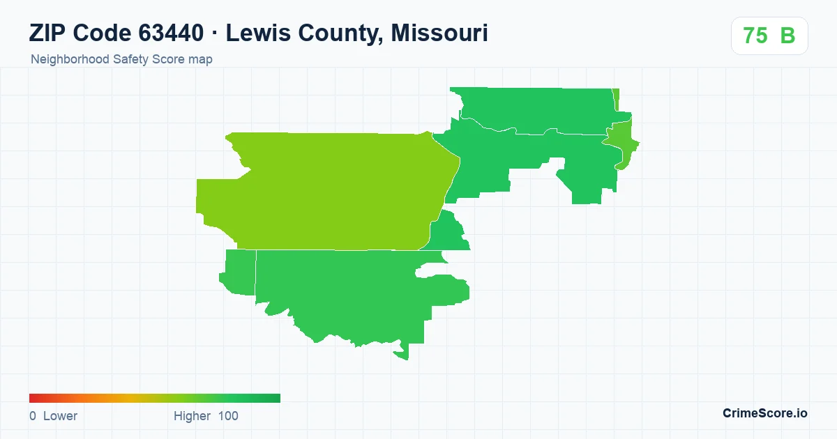 ZIP Code 63440 in Lewis County, Missouri neighborhood Safety Score map