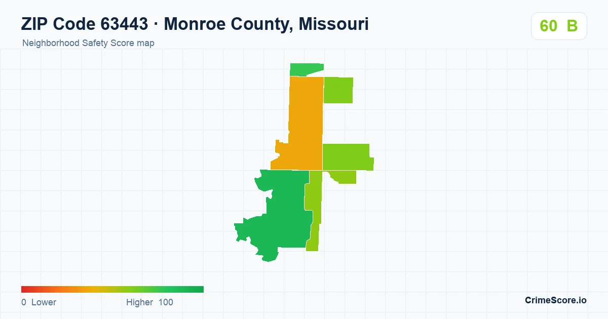 ZIP Code 63443 in Monroe County, Missouri neighborhood Safety Score map