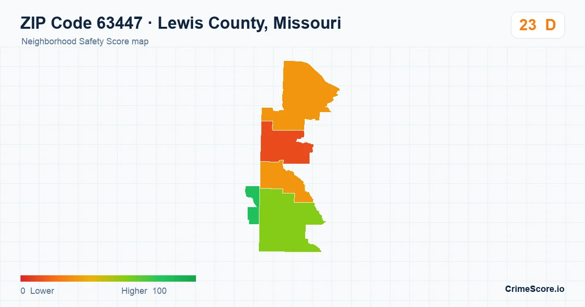 ZIP Code 63447 in Lewis County, Missouri neighborhood Safety Score map