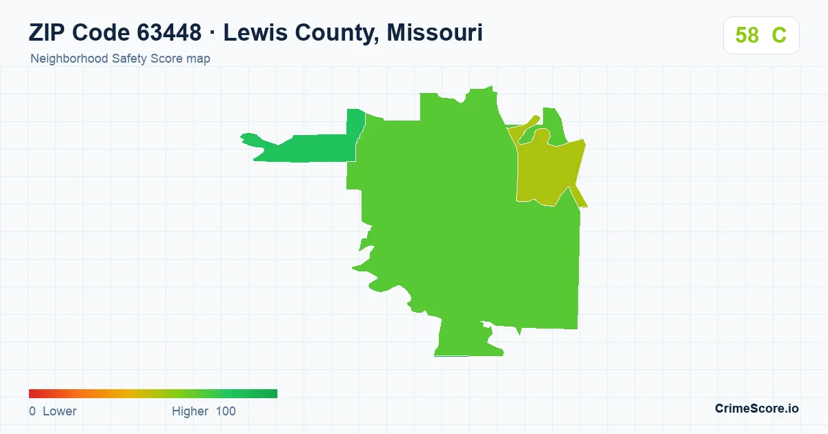 ZIP Code 63448 in Lewis County, Missouri neighborhood Safety Score map