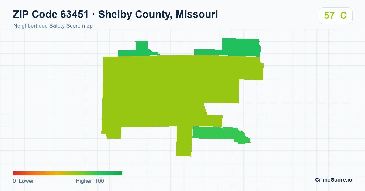 ZIP Code 63451 in Shelby County, Missouri neighborhood Safety Score map