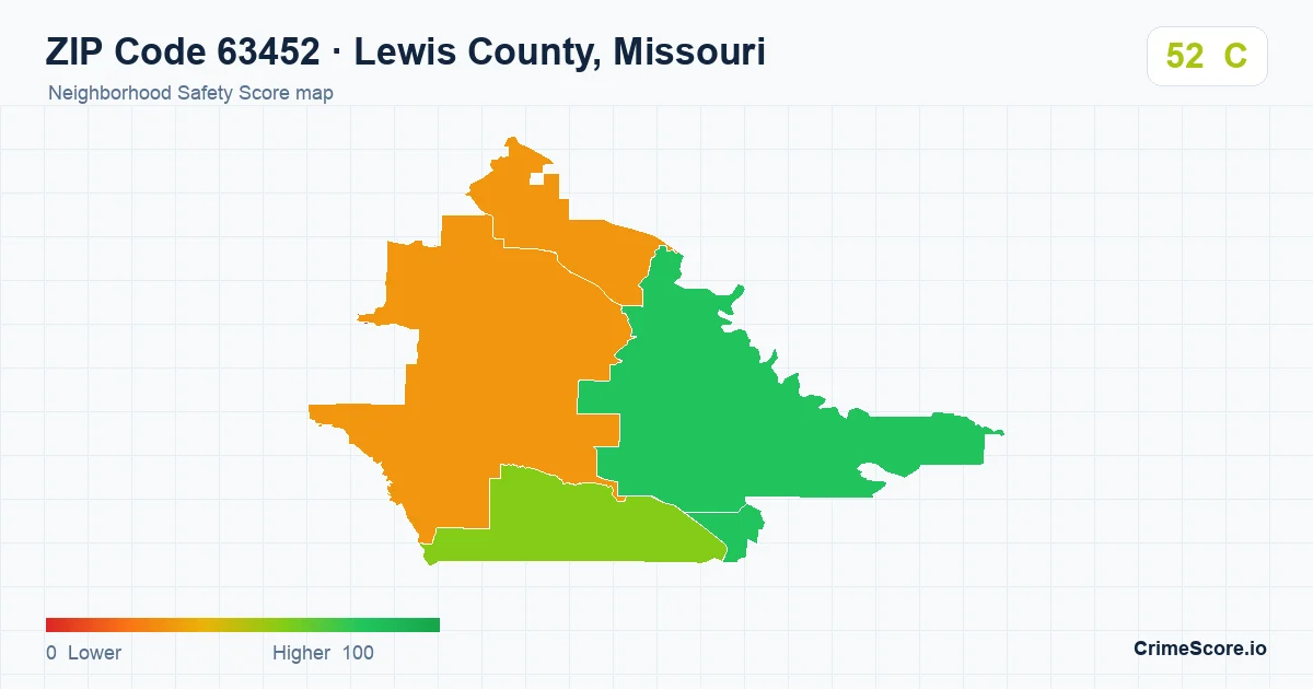 ZIP Code 63452 in Lewis County, Missouri neighborhood Safety Score map